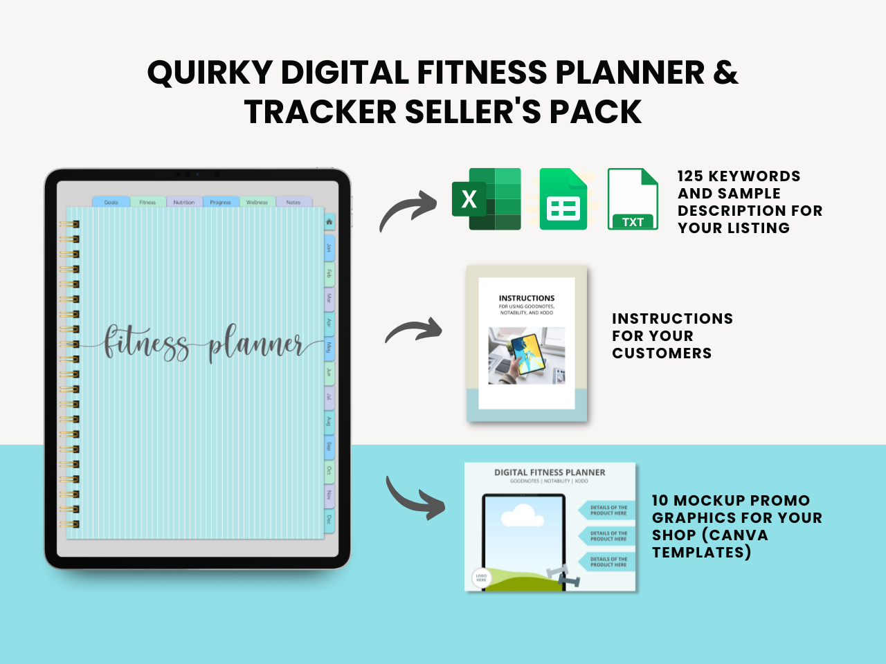Quirky Digital Fitness Planner sellers pack graphic